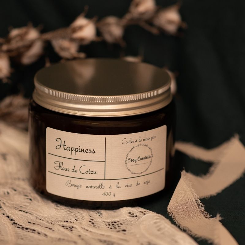 Happiness bougie artisanale parfumée à la fleur de coton fabriquée en Bourgogne