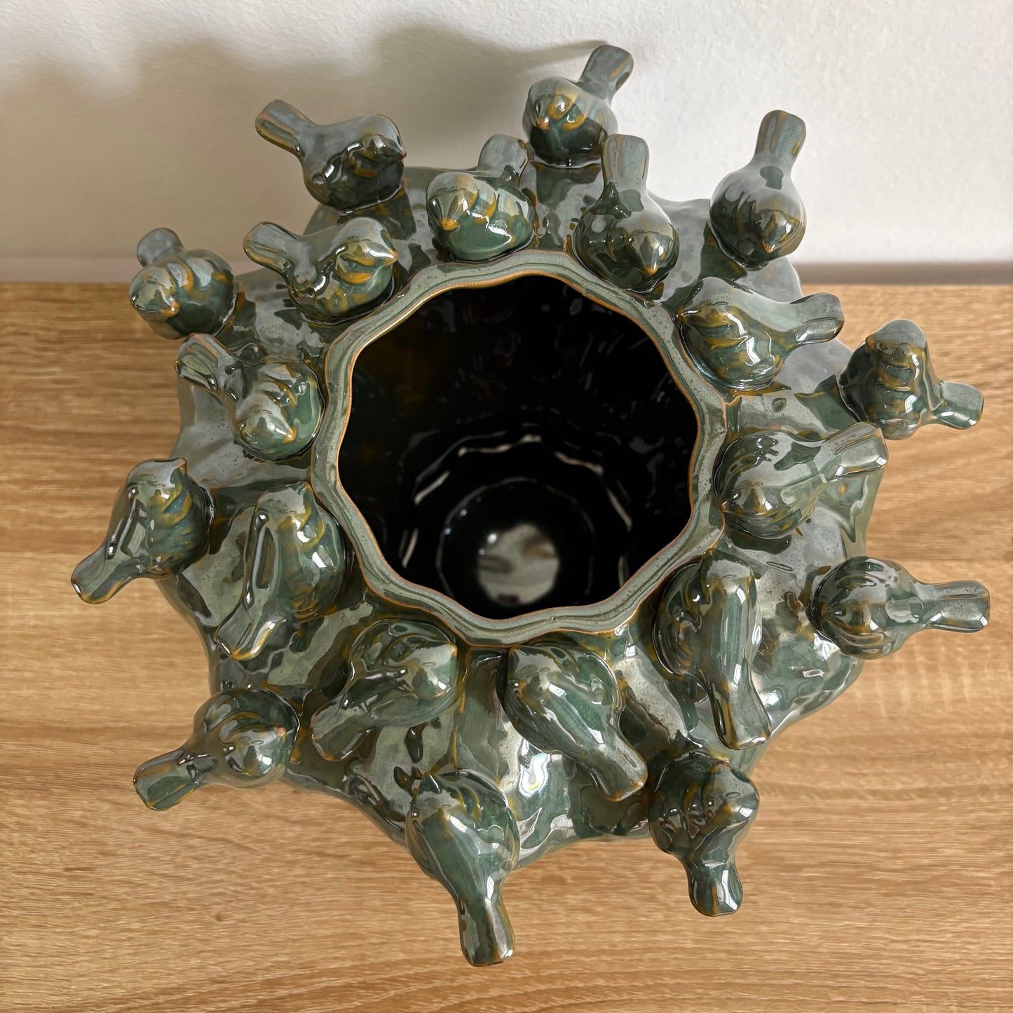 Vase vert oiseaux