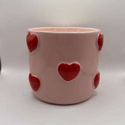 Bougie - Pot rose coeurs rouges