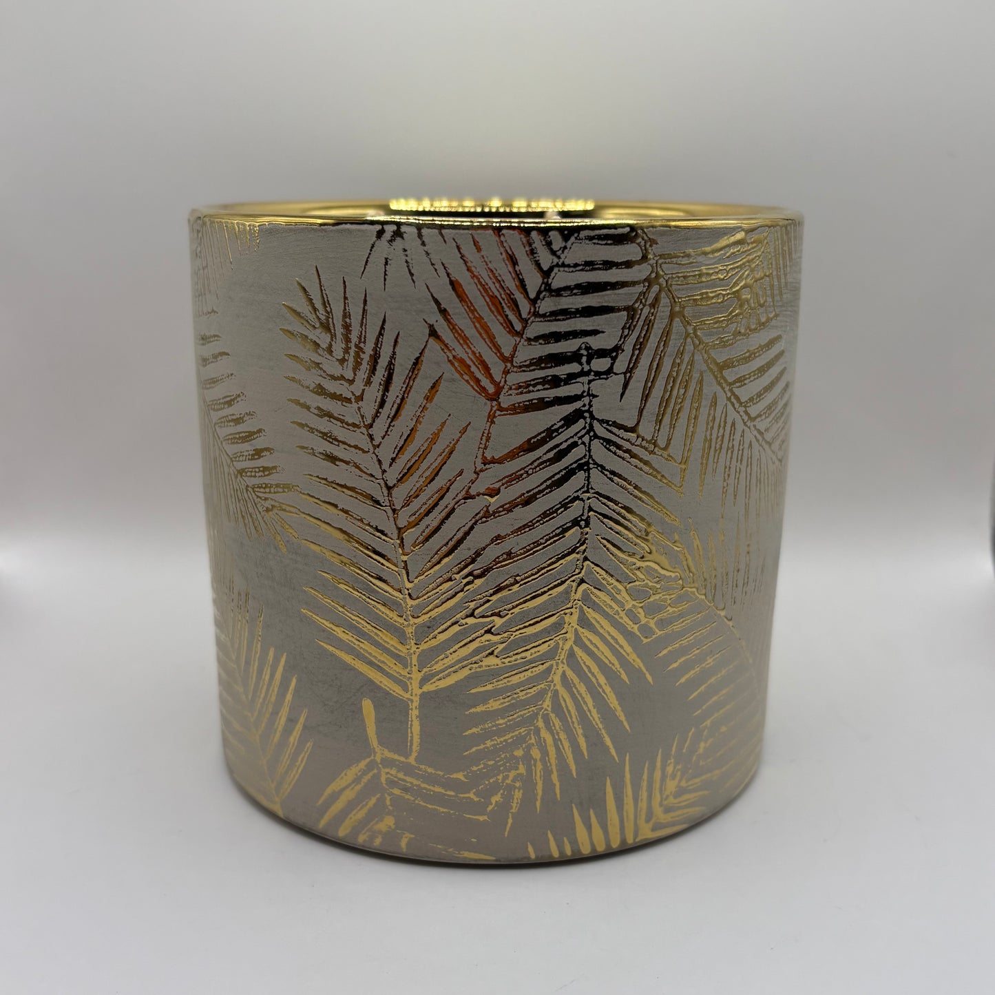 Bougie - Pot blanc à feuilles dorées