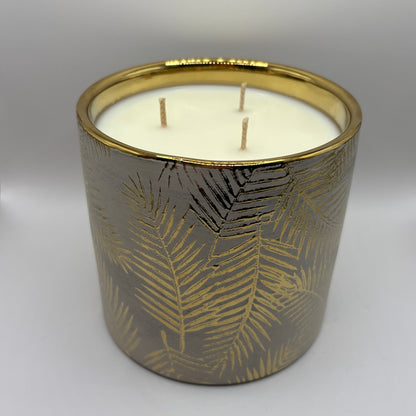Bougie - Pot blanc à feuilles dorées
