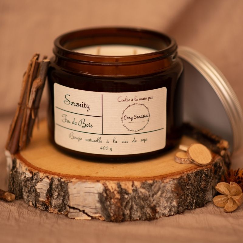 Serenity bougie artisanale parfumée au feu de bois fabriquée en Bourgogne